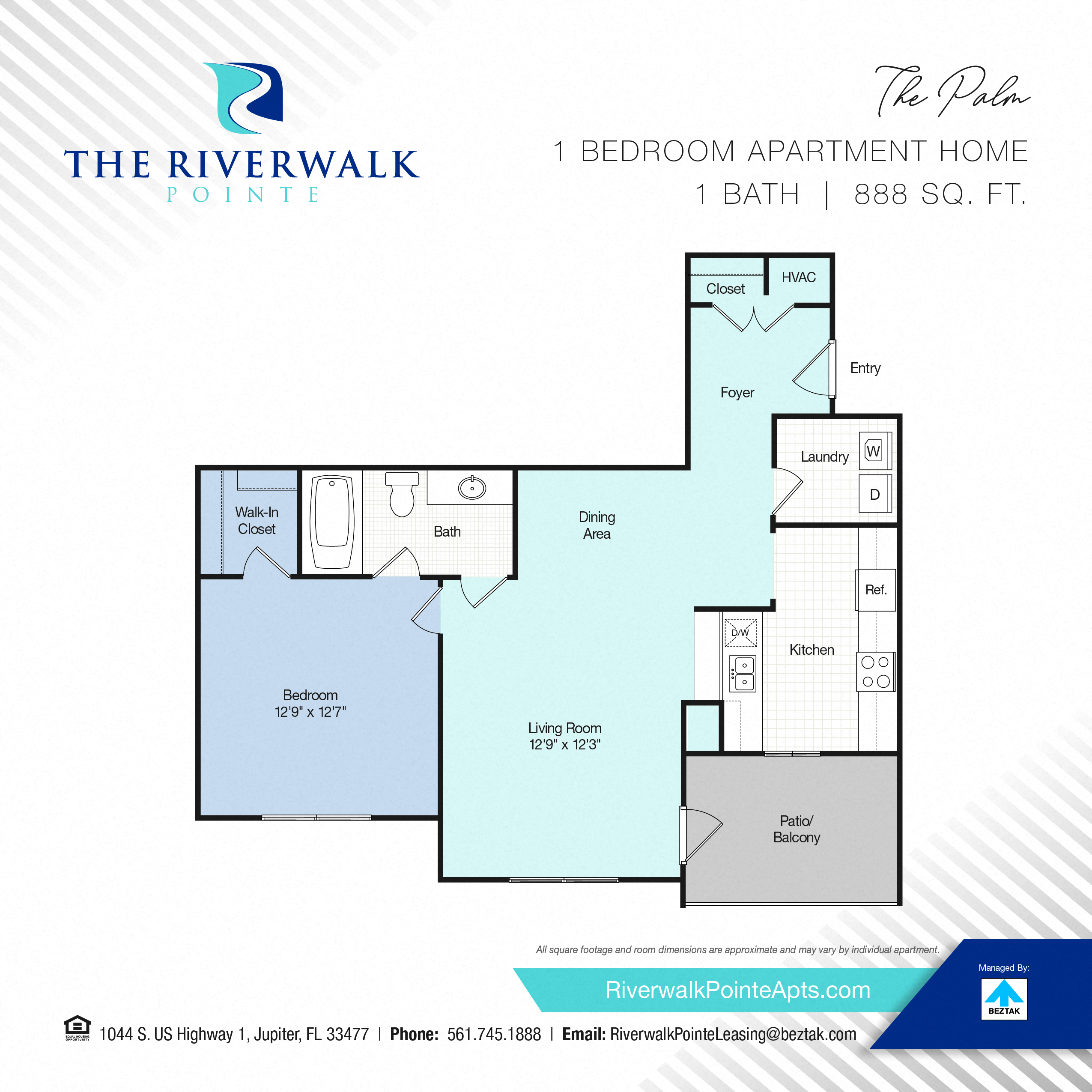 Floor plan for 1 bed, 1 bath, 888 sqft